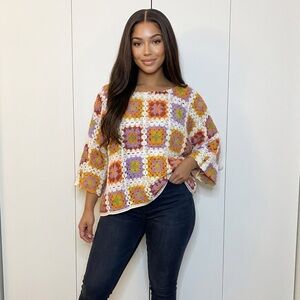 Multicolor Crochet Square-Panel Tunic Top - Women's Ptp 29”-30”